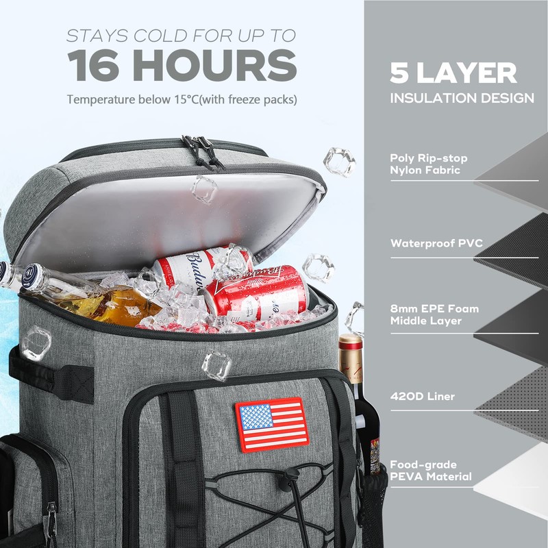 Maelstrom 36L Large Capacity Insulated Cooler Backpack, Grey, 21" x