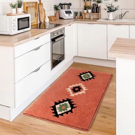DEXDE Boho Bathroom Rugs Coral Red Bath Mat Non Slip Western Geometric Bath Rug Luxury Soft Absorbent Carpet for Bathroom Shower Kitchen Entryway Farmhouse Decor 24x36