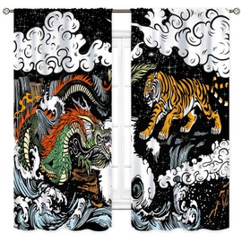 Japanese Curtains, Traditional Asian Style Chinese Dragon Tiger Fight Anime Mythology Aesthetic Black Window Drapery Treatments for Bedroom Living Room Bathroom, 42"x45" Inch