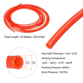sourcing map Pneumatic Air Line Tubing 6mm OD x 4mm ID 10 Meters(32.8 FT) Air Compressor Nylon Tubes Polyamide Air Tubing Hose Tube for Air Compressor Water Fluid Transfer, Red