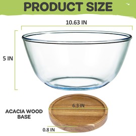 ROSOS Large Glass Salad Bowl, Glass Salad Bowl Set with Acacia Wood Base and Salad Serving Utensils, Large Salad Bowl Set for Party Hosting Essentials & Kitchen Essentials