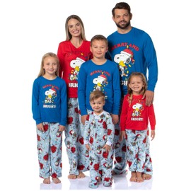 Peanuts Christmas Pajamas Woman's Snoopy Merry & Bright Holiday AOP Fleece Pajama Pant 2-Piece Pajama Set (Large)