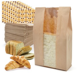 Yenmoz 200 PACK Large Paper Bread Bags, Paper Bakery Bags Kraft Paper Bread Loaf Bags with Transparent Window Including Label Seal Sticker for Homemade Bread (9.05x4.72x1.97 Inch)