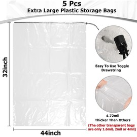 Aoketo 32 x 44 inches Extra Large Clear Drawstring Plastic Storage Bags, Multi-Purpose for Storage and Household Organizing Reusable Bags, Perfect for DustProof, MoistureProof (5 Pack, 4.72 Mil, Flat)