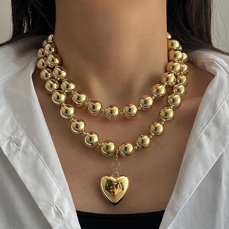 Chunky Gold Heart Necklace for Women Large Round Bead Beaded