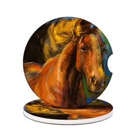 Car Cup Holder Coaster - Watercolor Horse Absorbent Ceramic Coaster 2 Pack, Car Coasters for Cup Holders, Fashion Car Interior Accessories Drink Coaster for Women & Men