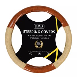 XUKEY Anti-slip Car Steering Wheel Cover Mahogany Wood Grain Beige Leather Breathable