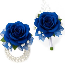 ZOFLIN Navy-Blue Corsage Wristlet and Boutonniere Set - 2025 Artificial Flowers for Weddings Prom Bridesmaids Groomsmen - Adjustable Elastic Band Rust-Proof Pins - Set of 2