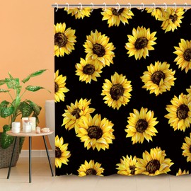LIVILAN Black Sunflower Shower Curtain, Floral Bathroom Curtains, 72''W x 72''H