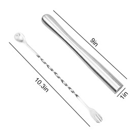 RUCUDIM Cocktail Pestle Made of Stainless Steel with Pestle, Mixing Spoon, Lemon Masher, Ice Muddler for Mashing Ice Cubes and Fruits, Bartender Bar Tool Essentials Set of 2