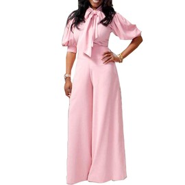 VERWIN Plain Dressy Full Length Bowknot Women's Jumpsuit High Waist Woman Romper, Pink, X-Large