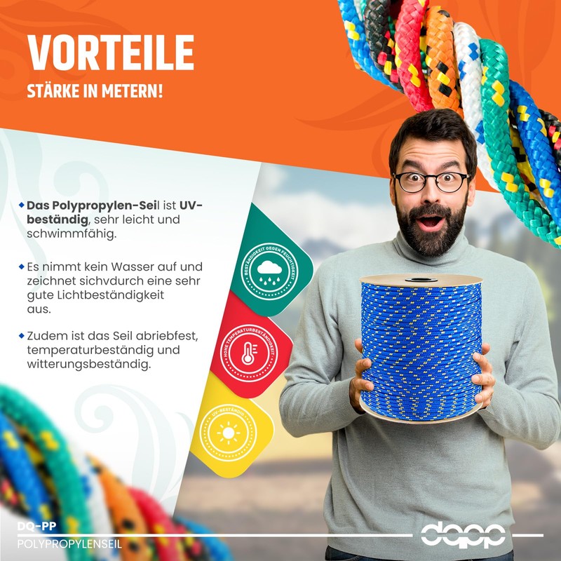 DQ-PP Polypropylene rope, 8 mm, 20 m, orange, load capacity
