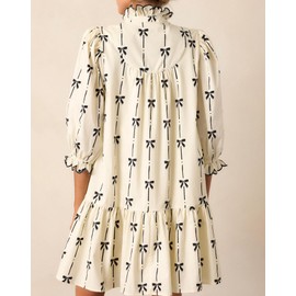 EZAPINE Women Puff Sleeve Mini Dress Mock V Neck Babydoll Short Dress with Bow Print Beige