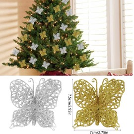 18Pcs Christmas Glitter Butterfly Ornament Christmas Tree Butterfly Decorations with Clip Hollow Butterfly Ornaments for Xmas Wreath Hanging Decor Wedding Holiday Party Decorations (Gold Silver)