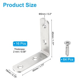 PATIKIL 16 Pcs Metal L-Shape Brackets, 45mm x 45mm (1.8"x1.8") 90 Degree l Bracket Corner Braces Stainless Steel Right Angle Mounts with Screws for Wood Shelves Furniture, Silver