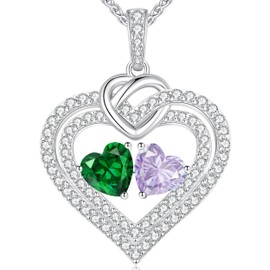 LOUISA SECRET Sparkling Double Heart Birthstone Necklaces for Women, 925 Sterling Silver Fine Jewelry, Pendant Heart Necklaces Birthday Anniversary Christmas Gift for Women Wife Mom Girlfriend Lady