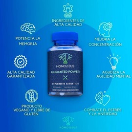 HomoDeus™ Unlimited Power Nootrópico Natural | Memoria, Concentración y Agilidad Mental | Con Melena de León, Bacopa, L-Tirosina, DMAE, L-Carnitina y Vitaminas B | Suplemento Vegano para Energía Cerebral
