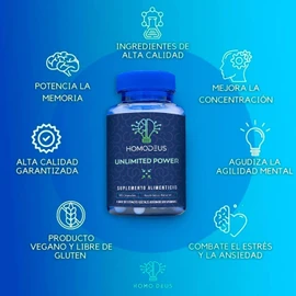 HomoDeus™ Unlimited Power Nootrópico Natural | Memoria, Concentración y Agilidad Mental | Con Melena de León, Bacopa, L-Tirosina, DMAE, L-Carnitina y Vitaminas B | Suplemento Vegano para Energía Cerebral