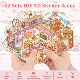 FUVLIFE 32 Sets 3D Sticker Scene, DIY Sticker Therapy for Adult Make Your Own Cozy Room Scenes, Kawaii Stickers Scene for Adult Kids Relief Stress and Pass The Time