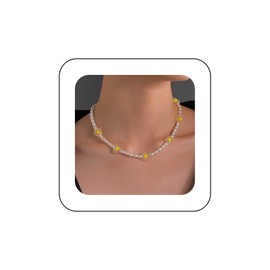 Allereya Vintage Flower Pearl Choker Necklace Gold Pearl Collar Necklace Daisy Flower Pearl Necklace Daisy Floral Necklace Jewelry for Women