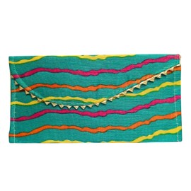 Handmade Ethnic Fabric Pouch – Multicolor Printed Reusable Holder with Golden Trim for Festive Gifting & Special Occasions (Teal)