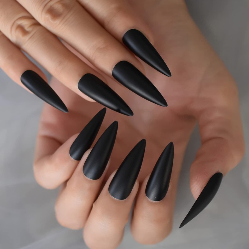 Black Extra Long Stiletto False Nails Matte Full Cover Solid