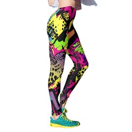 Hupplle Women's 80s Neon Leggings Artistic Splash Printed High Waisted Stretchy Tights Buttery Soft Yoga Sport Workout Pants (US, Alpha, Medium, Regular, Regular, Colorful Splash)
