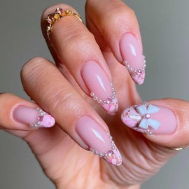 DANMANR French Fake Nails Medium Press on Almond Nails Cute Full Cover Acrylic Pearl Fake Nails for Women and Girls 24PCS