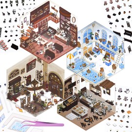 4Pcs 3D Fun Mini House Sticker Scenes with Tweezers Make Your Own Station Bookstore Pool Bakery Scenes Stickers Cute Micro Animal Room Craft Scrapbook Stickers for Relief Stress Pass The Time