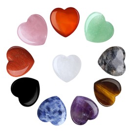 GUJOXILA Pack of 10 Heart Made of Stone Gemstones Natural Crystal Healing Stones Sets Bulk Worry Stones Craft Amethyst Rose Quartz Green Aventurine Meditation Chakra Reiki Energy Balancing