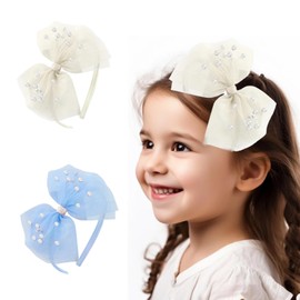 2 Pcs Pearl Bow Headbands for Girls, Elegant Lace Veil Headband with Bows (White,Blue)