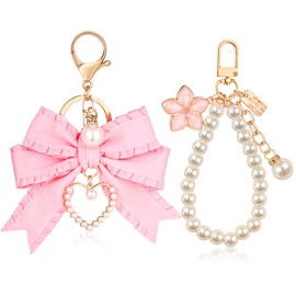 Neptniopllab 2PCS Bow Keychain Pink Flower+ Bow Heart Pearl Keychain Ruffle Silk Bow Keychain Pearl Bowknot Wristlet Keyring for Women,Purse Charms, Pink Bow+flower, 2Pcs