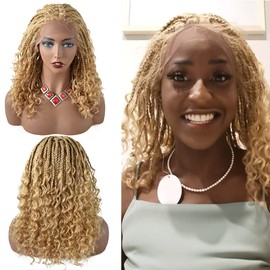 Premium Quality Box Braided Wigs 12.5"X4.75" Swiss Lace Front with Baby Hair Natural Looking Synthetic 18'' Light Weight Hair Hand Tied Wigs for Black Lady (#27/613M Blonde)