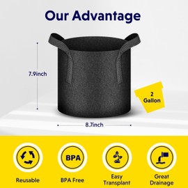 iPower 5-Pack 2 Gallon Plant Grow Bags Thickened Nonwoven Aeration Fabric Pots Heavy Duty Durable Container, Strap Handles for Garden, Black New