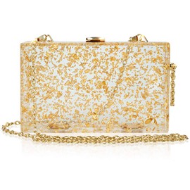 Women's Acrylic Evening Bag Glitter Clutch Purse Transparent Golden Box Handbag Shoulder Bag for Banquet Dinner Party, gold-coloured