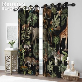 Renaiss Tropical Jungle Animal Blackout Curtain Forest Safari Wildlife Animals World Pattern Printed Curtains Giraffe Elephant Room Darkening Energy Saving Grommet Curtains 29" W x 55" L, 2 Panels