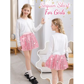 BALAYSIER Glitter Skirt Girls Sequin Skirt with Lining Children's Fringe Skirt Suitable for 6-12 Years, pink