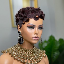 SAEIALL Short Curly Pixie Cut Human Hair Wig for Women Reddish 99J Burgundy Colored Short Wigs for Black Women Layered Haircut Hair Glueless Full Machine Made Wigs with Bangs Quick Get Up and Go Wig