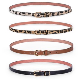 JASGOOD Trendy Women Leopard Leather Skinny Belts for Jeans Pants Thin Dress Waist Belt with Gold Buckle for Skirt Set of 4 (Black+Brown+Leopard,Best for waist size 44"-49")