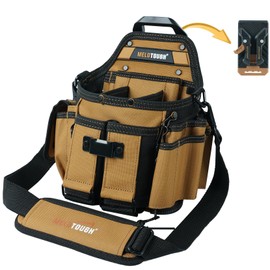 MELOTOUGH Electrician Tool Pouch Bag with Shoulder Strap Professional 15 Pockets Tool Pouch with Belt Clip Quickly Attach and Release Tool Bag（Khaki）