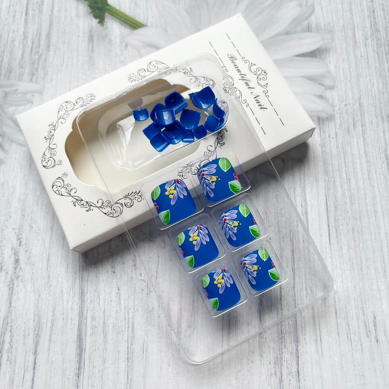 24Pcs Press on Toenails Short Blue Fake Toe Nails Square
