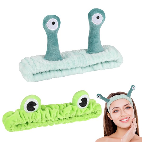 Heyu-Lotus 2 Pieces Frog Snail Face Wash Headband for Women Girls Spa Hairband Makeup Soft Coral Fleece Skin Care Headband Cute Elastic Headband Creative Hair Accessories