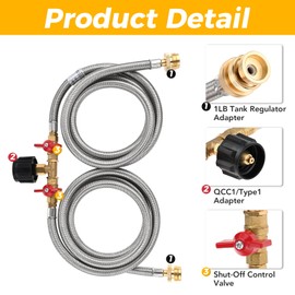 DRELD 5 FT Propane 2 Way Splitter Adapter Stainless Braided Y Hose 1 lb to 20 lb Converter with Shut Off Valve, Propane Hose Adapter 1lb to QCC1 5-40lb Tank, for Camping Stove, Gas Grill