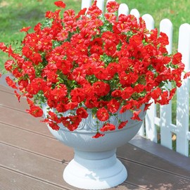 Artificial Flowers for Outdoors, 12 Bundles UV Proof Fake Flowers, No Fade Realistic Artificial Plants, Faux Morning Glory with Eucalyptus for Planter, Patio, Porch, Yard, Balcony Decor (Rose Red)