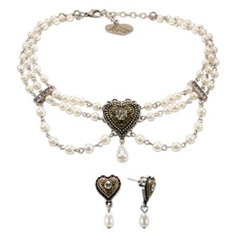 Alpenflüstern Costume Jewellery Set Pearl Corp Chain and Costume Stud Earrings Traditional Heart – Women's Costume Jewellery Costume Set Dirndl Necklace and Costume Earrings (Cream/White) SET057, Zinc