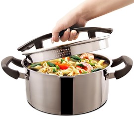 Stainless Steel Cookware Pasta Pot by Cyrder – 5 Quart, Strainer in Glass Lid, Two Side Spouts, Capsule Bottom Stock Pot, Durable & dishwasher safe