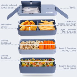 GadgBlizza Bento Box Adult Lunch Box, Stackable 3 Layers Lunch Containers for Kids, Portable Bento Lunch Box with Utensils, 44 Oz/5 Cup, Blue