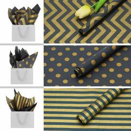 PMLAND Premium Gift Wrapping Tissue Paper - Black Metallic Gold Dot Stripe Zigzag Multi - 20 x 14 Inches - 60 Sheets