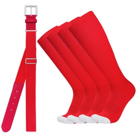 WHIPPY Baseball Socks and Belt Combo for Youth Adult - 2 Pairs of Softball Socks with Baseball Belt for Boys and Grils Red M