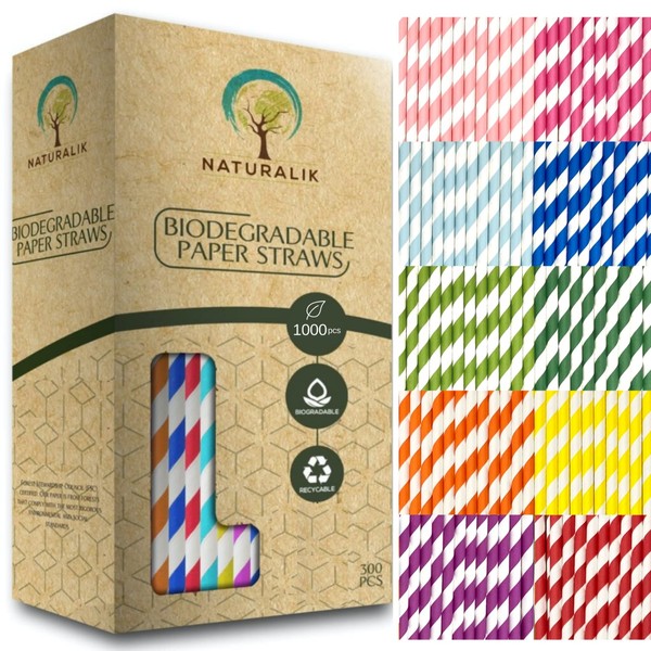 Naturalik 1000 Pack Multicolor Extra Durable Paper Straws Biodegradable - Premium Eco-Friendly Paper Straws Bulk- Drinking Straws for Juices, Restaurants and Party supplies, 7.7" (Multi-Color, 1000ct)